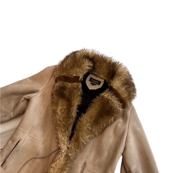 Vintage 1990s Novelti Faux Fur Suede Tan Penny Lane Coat w/ Pom Pom Ties L - Picture 3 of 6